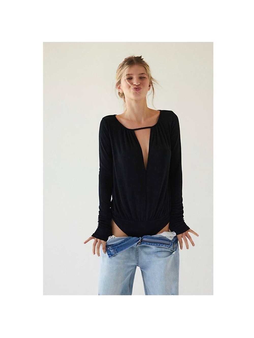 Intimately Free People Turnt Crossover Bodysuit Med Black LS Thumbhole Blouson